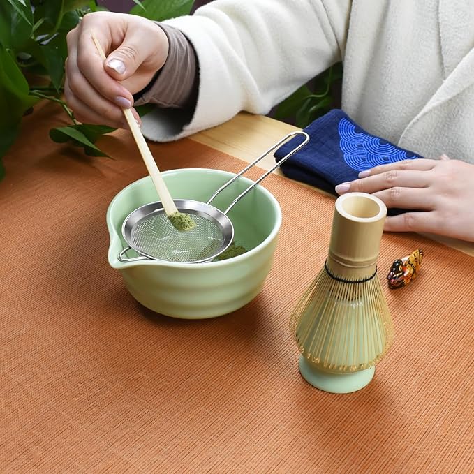 Artcome 7-Piece Matcha Tea Set - Complete Japanese Ceremony Kit with Bowl, Whisk, Scoop, Strainer & Guide, Green