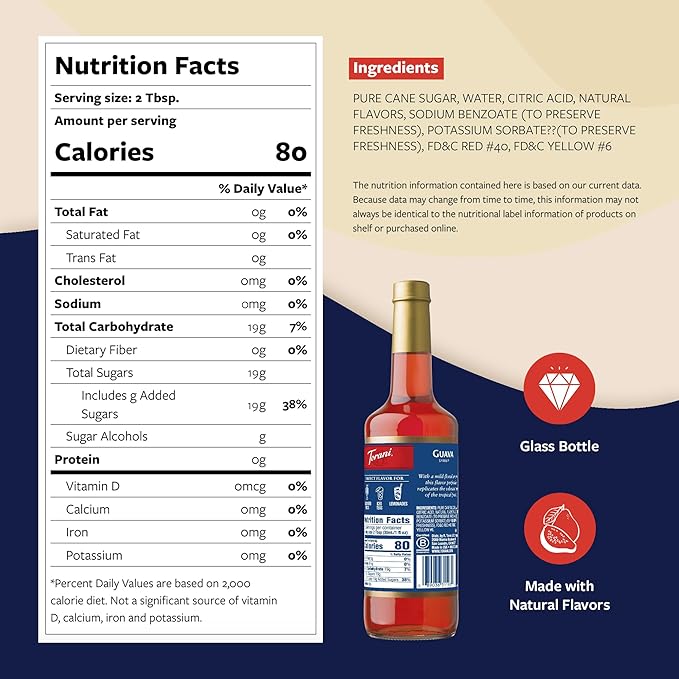 Torani Guava Syrup for Drinks, Flavoring for Iced Tea, Lemonade, Sodas, and Cocktails, Glass Bottle with Pump Included, 25.4 Fl Oz