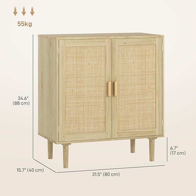 HOMCOM Sideboard Buffet Cabinet, 32" Boho Buffet Table, Rattan Coffee Bar Cabinet with 2 Doors and Shelves for Kitchen, Living Room, Entryway, Natural