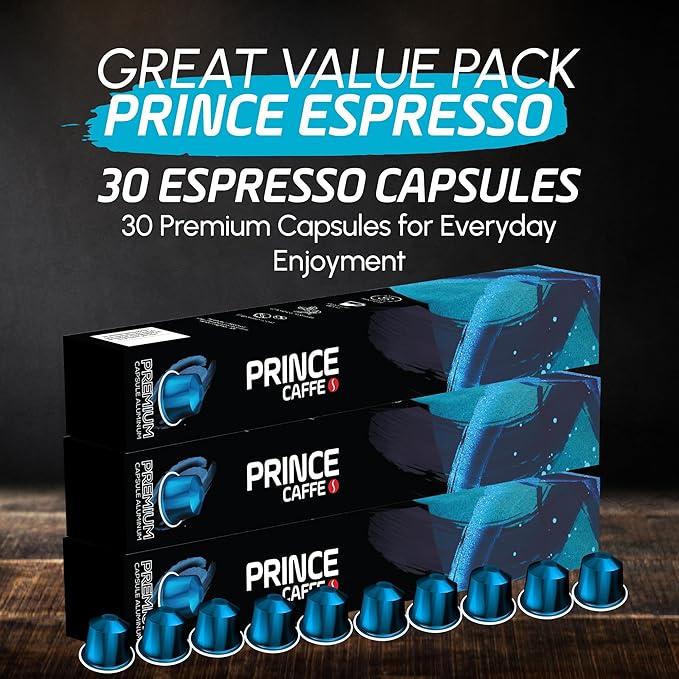 Prince Caffe Espresso Pods – Premium Intensity 8, Medium-Dark Roast, The Espresso Coffee Pods Are Compatible with Nespresso Original Line Machines, 30 Count (3 x 10 Capsules) Premium Quality Coffee Capsules.
