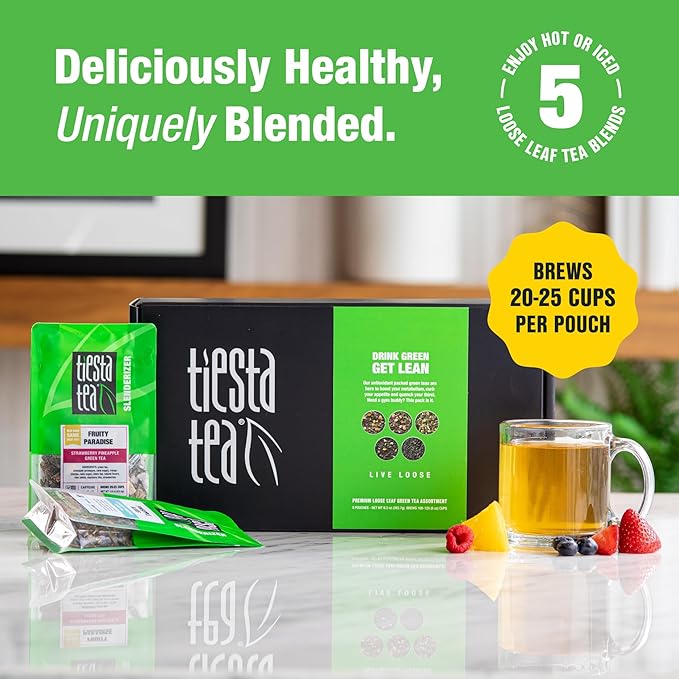Tiesta Tea - Green Loose Leaf Tea Gift Set, Medium Caffeinated Assorted Blends, 5 Pouches of Hot & Iced Brews Variety Pack, Chinese Gunpowder, Chinese Jasmine, & Fruity Green