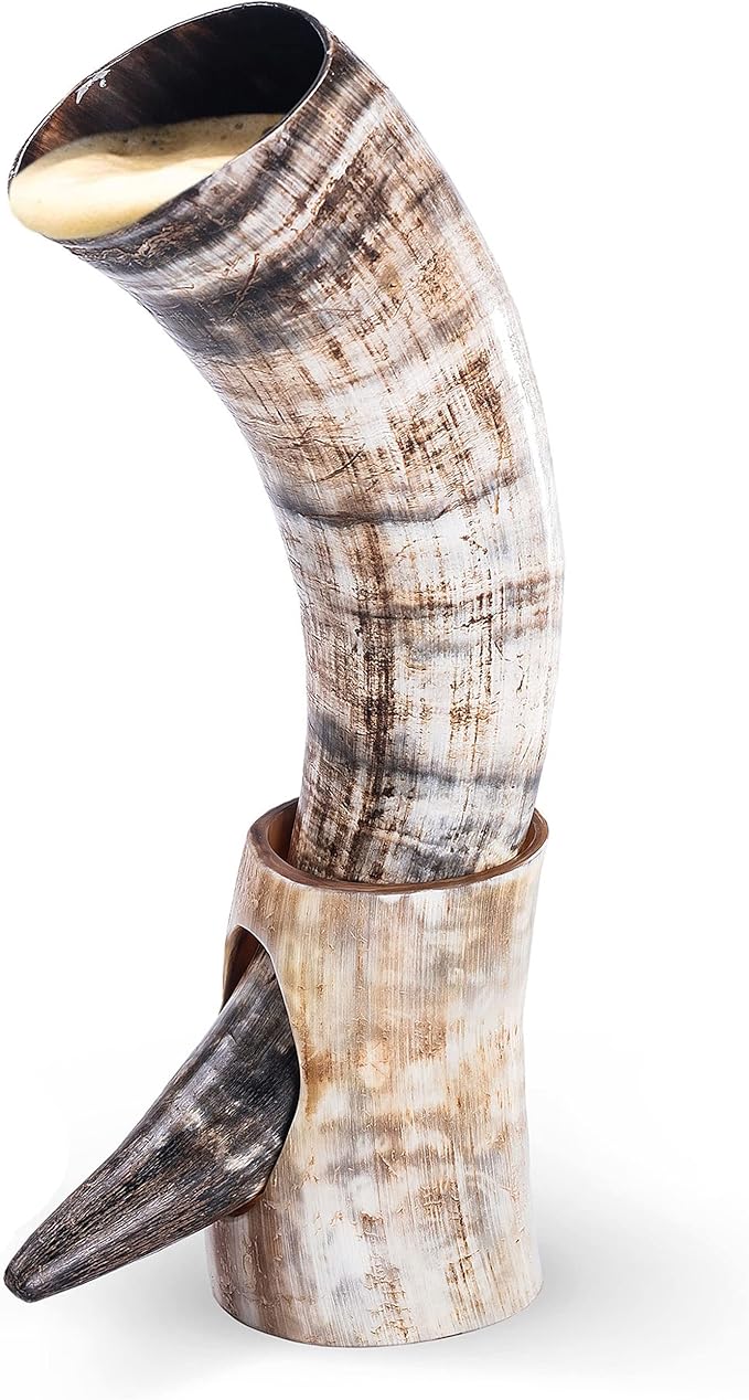 Norse Tradesman Genuine 12" Ox-Horn Viking Drinking Horn with Fitted Stand & Burlap Gift Sack - The Original, 12-Inches, Low Polish