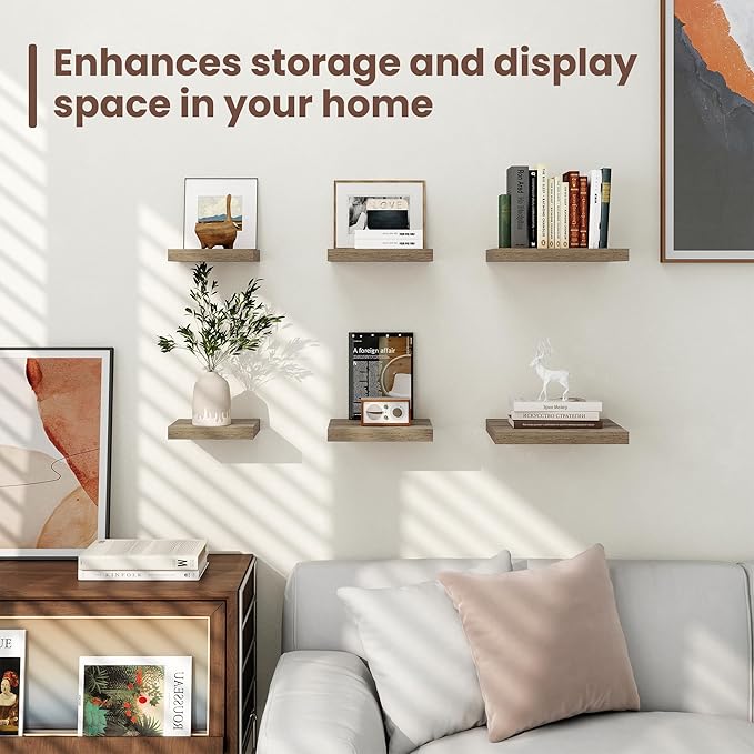 Fun Memories Floating Shelves for Wall - 7.5 Inch Square Shelves with Invisible Brackets, Grey Small Wall Shelf for Living Room, Bathroom, Bedroom, and Kitchen Decor，Set of 4
