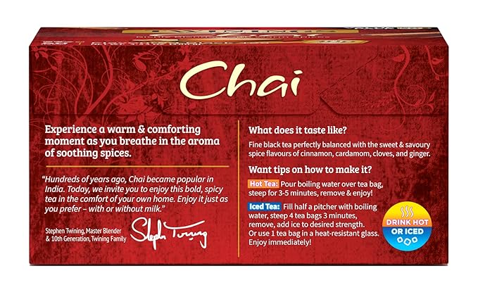 Twinings Chai Black Tea Individually Wrapped Bags, 50 Count (Pack of 6), Sweet, Savoury Spices, Caffeinated, Enjoy Hot or Iced, 300 Teabags