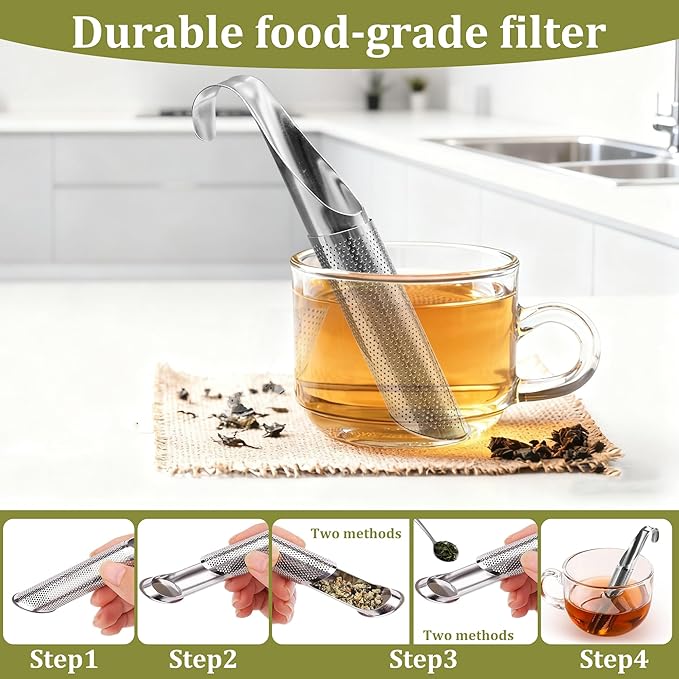 Stainless Steel Tea Infuser for Loose Leaf Tea – Reusable Tea Strainer with Long Handle, Cleaning Brush Drip Tray & Mini Spoon – Perfect for Single Cup Brewing at Home, Office, or Travel
