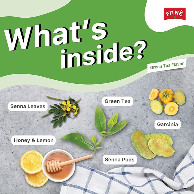 FITNÈ Green Tea Herbal Honey Lemon With Garcinia Senna Infusion Gentle Detox Cleanse High Antioxidant No Calories Stevia Sweetener, 15 Tea Bags