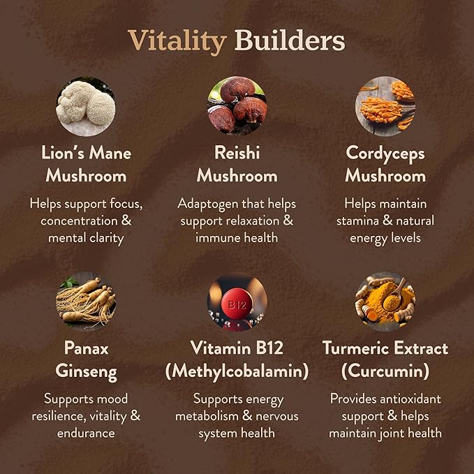 More. Longevity & Wellbeing Premium Mushroom Coffee Superfood – 7 Functional Mushrooms with Lions Mane Supplement, Reishi, Chaga & Ashwagandha Extract, Instant Coffee Alternative with Prebiotics and Essential Vitamins for Focus & Energy, Salted Caramel
