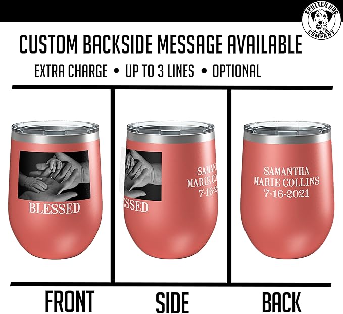 Personalized Mothers Day 12oz Photo Printed Insulated Stainless Steel Powder Coated Stemless Wine Tumbler with Lid, Customized Mom Gift Idea For Her, Custom Mum Team Mom Dad (Coral)