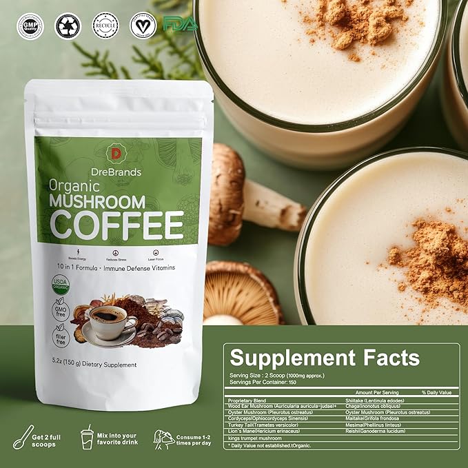 DreBrands Mushroom Coffee |10 in 1 Organic Mushrooms | USDA Organic | Instant Coffee | Wood Ear | Better Energy, Focus, Digestion, Immunity | Shiitake, Lion’s Mane, Turkey Tail | 15 Servings