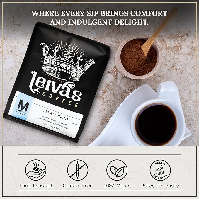 Leiva’s Medium Roast Ground Coffee (8 Oz) - Roasted to Order, Single Origin Guatemalan Beans - Abuela Reina Coffee Grounds w/Vanilla, Blueberries & Chocolate Notes - Nutty, Earthy Low Acidity Roast