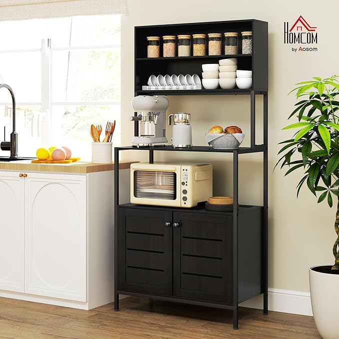 HOMCOM Kitchen Bakers Rack with Power Outlet, Coffee Bar Cabinet with Storage Shelves, Microwave Stand with Louvred Door Cabinets, Black