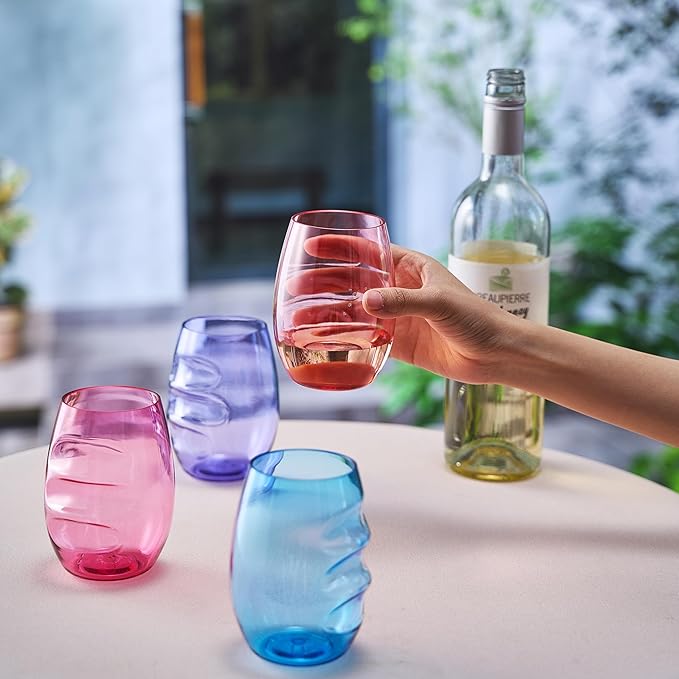 Unbreakable European Plastic Crystal, Stemless Wine Glasses | Set of 4, 13.5 OZ | Acrylic Tritan Set with 3-Finger Indentations - Pastel Colored Tumbler Set, BPA Free, Reusable, Naturally Aerates Wine