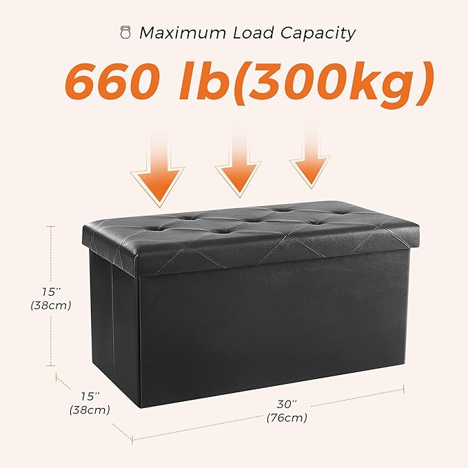 DUMOS Folding Storage Ottoman Bench 30in, Synthetic Leather Foot Rest Stools Ottoman with Storage Chest Footstool for Living Room, Bedroom, Load 660 lb, Vintage Black