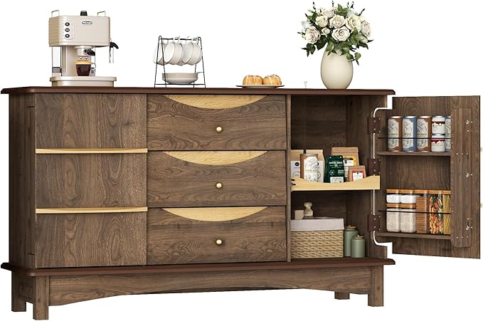 STO'SENSE Buffet Cabinet with Stroage, Large Sideboard Buffet Cabinet w/ 3 Drawers, Solid Wood Handle, Modern Coffee Bar Station w/ 2 Doors, Concealed Storage Shelves & Sliding Tray (Walnut)