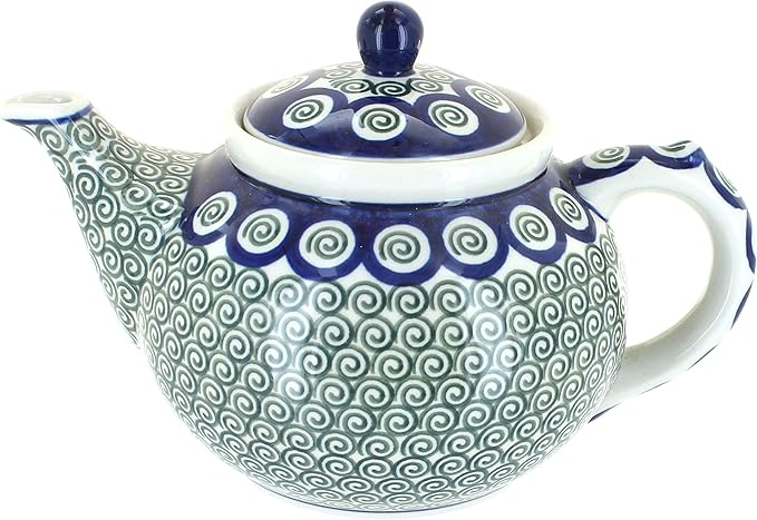 Blue Rose Polish Pottery - Green Peacock Swirl Medium Teapot - 4 Cup Capacity - Hand-Painted Polish Pottery Ceramic Coffee & Tea Server