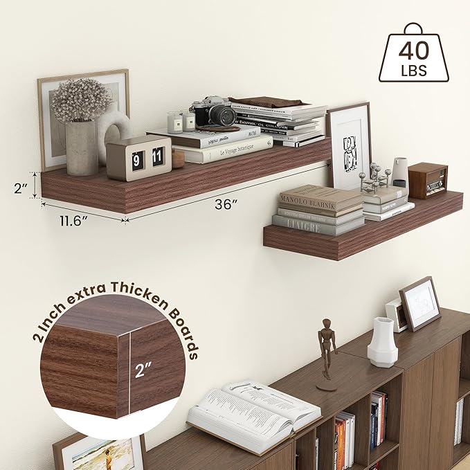 Deep Floating Shelves | 36 Inch Walnut Floating Shelves Set of 2 | 12 Inch Deep Rustic Wood Shelves for Wall | 36" W x 12" D Walnut Shelves for Living Room Bathroom Laundry Room Kitchen