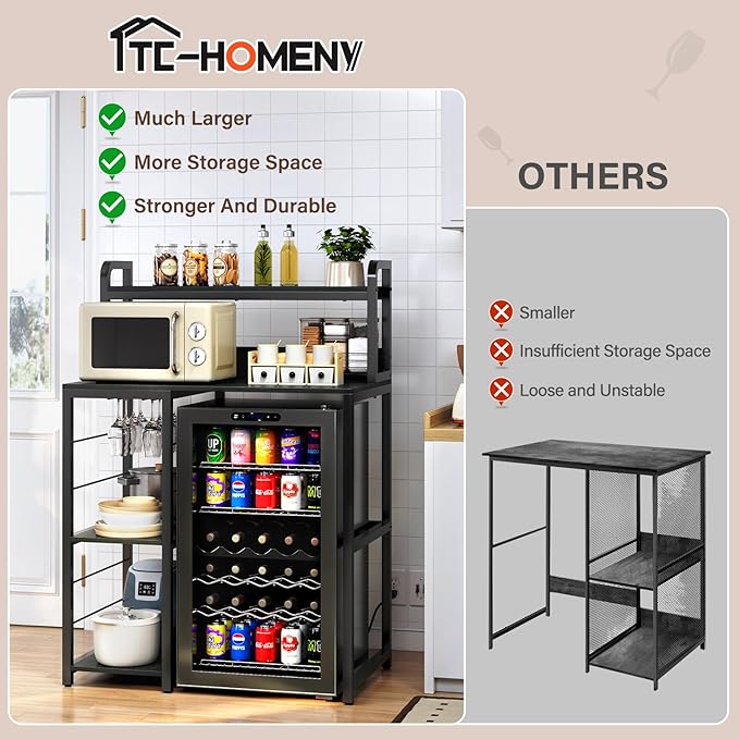 TC-HOMENY Mini Fridge Stand with Storage, 4-Tier Coffee Bar with Mini Fridge Space, Bakers Rack with Outlet, Mini Fridge and Microwave Stand, Mini fridge shelf for Kitchen, Dorm, Office, Black