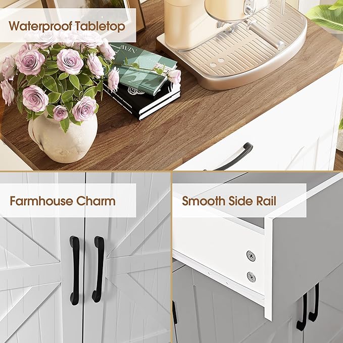 Onelike Modern Sideboard Buffet Cabinet with Storage, Farmhouse Kitchen Cabinet Buffet Table with Doors and Drawers, for Dining Room, White, 30"