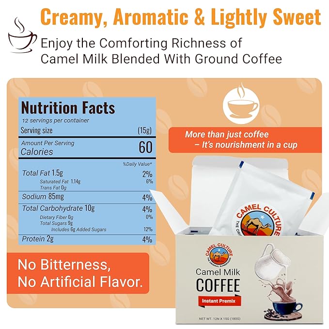 Camel Milk Instant Powdered Coffee Premix - 12 Single Serve Coffee Sachets – Nutrient-Rich Blend & Immune-Boosting Instant Coffee Powder – On-the-Go Convenience & Premium Healthy Beverage