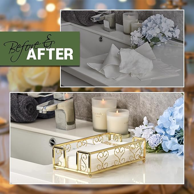 Gold Guest Towel Holder Tray for Bathroom – Napkin Organizer for Disposable Hand Paper Towels, Vanity Countertop Napkin Holder, Modern Bathroom Accessory for Guest Use and Decor