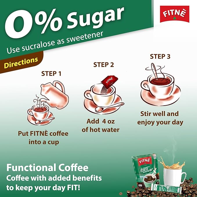 FITNE Instant 3 In 1 Coffee Packets Mix With White Kidney Bean Extract L-Lysine Vitamin B1 B2 B6 Smooth Blend No Sugar Sucralose Sweetener, 20 Sachets