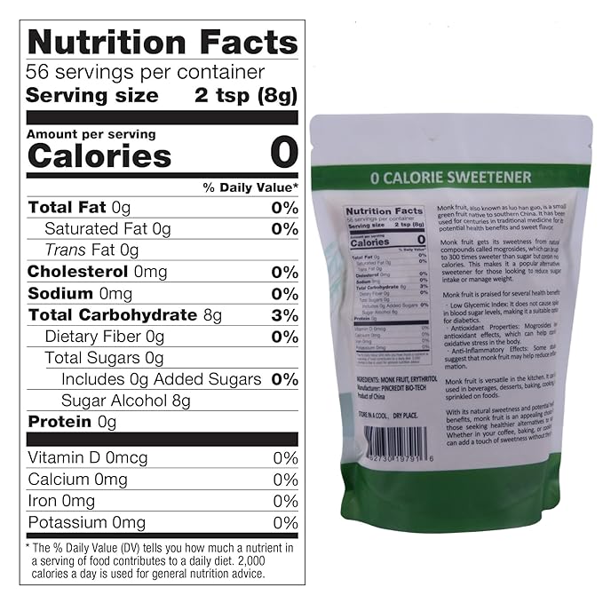 Monk Fruit Sweetener Granules Fruit Sweetener 1LB Monkfruit Extract Sweetner Erythritol Blend 1:1 Sugar Replacement 0 Calorie Sugar Substitute for Baking, Coffee and Cooking