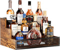 3 Step Countertop Liquor Bottle Display Shelf, Wood Bar Shelves 12 Bottles with Fences, Freestanding Storage Shelves for Liquor Whiskey Wine Coffee Syrup Display, Retro Wine Rack Home (Patent Pending)