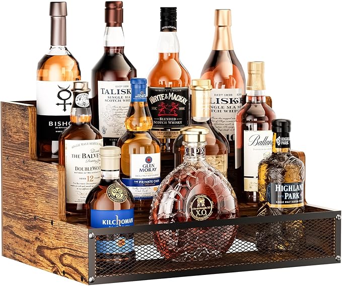 3 Step Countertop Liquor Bottle Display Shelf, Wood Bar Shelves 12 Bottles with Fences, Freestanding Storage Shelves for Liquor Whiskey Wine Coffee Syrup Display, Retro Wine Rack Home (Patent Pending)