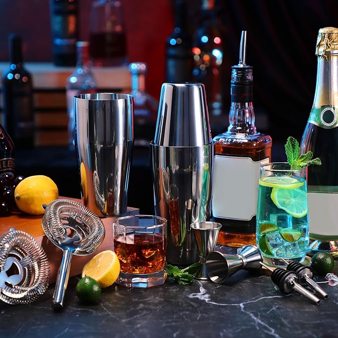15 Pcs Cocktail Shaker Set Bartender Kit Boston Shaker Professional Bar Gifts with 18oz and 28oz Stainless Steel Martini Shaker Drink Mixer Strainer Measuring Jigger Alcohol Pourer