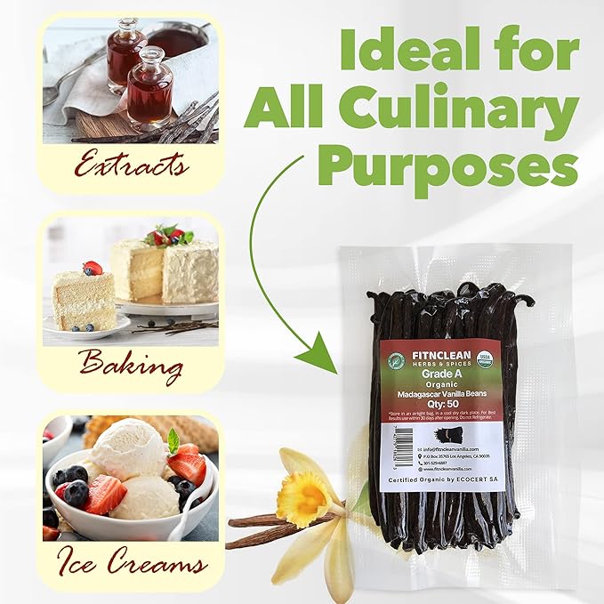 50 Organic Grade A Madagascar Vanilla Beans. Certified USDA Organic for Extract and All Things Vanilla. ~5" by FITNCLEAN VANILLA. Bulk Fresh NON-GMO Pods.