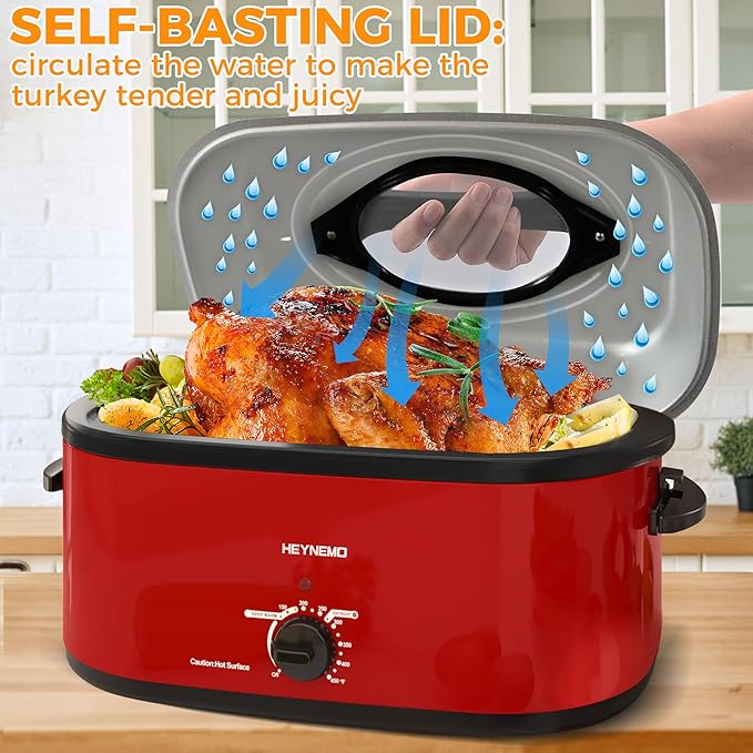 Turkey Roaster Oven Buffet with Self-Basting Lid, 1450W Electric Roaster Oven with Cool-Touch Handles, Stainless Steel with Removable Pan and Rack, Red