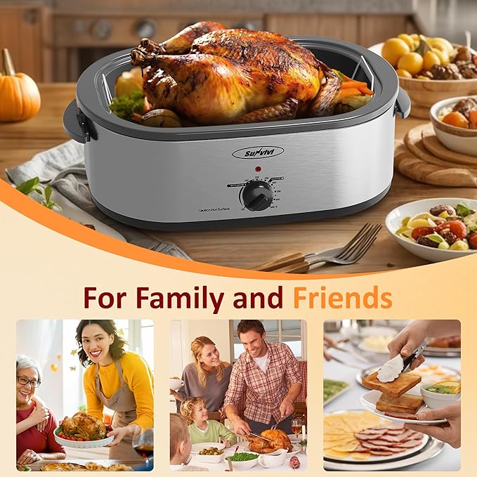 Sunvivi Electric Roaster, 18 Quart Roasting Oven with Self-Basting Lid Removable Pan, Turkey Roaster Oven with 150 to 450F Temperature Control Cool-Touch Handles, Silver