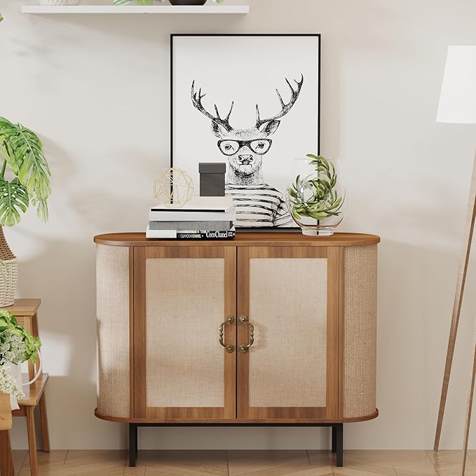 40" Sideboard Buffet With Storage, Rattan Small Buffet, Oval Accent Cabinet for Living Room, Dining Room (Walnut, 40inch)