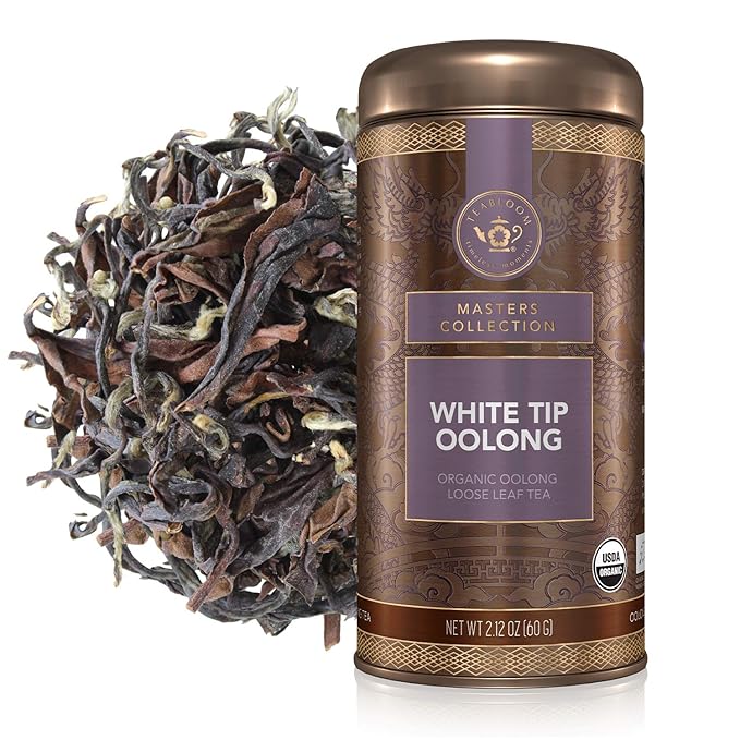 Teabloom Organic White Tip Oolong Loose Leaf Tea, Sweet and Lush with a Delicate Warm Spicy Undertone, USDA Certified Organic and Kosher, 3.53 oz. /100 g Canister Makes 35-50 Cups