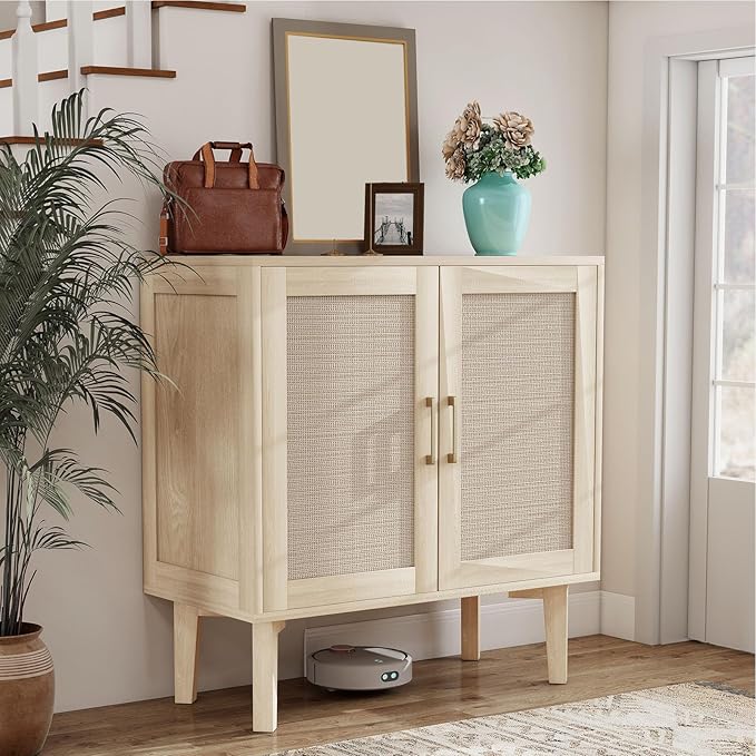 Bigroof Rattan Cabinet, Modern Accent Buffet Cabinet with Magnetic Doors, Sideboard Buffet for Hallway, Entryway, Living Room, or Kitchen (Oak)