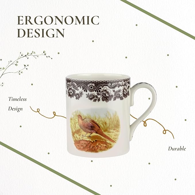 Spode Woodland Pheasant 16 oz Mug - Fine Porcelain Rustic Drinkware with Historic Brown Floral Border, Microwave, Oven, Freezer & Dishwasher Safe - British Country Style for Fall and Thanksgiving Use