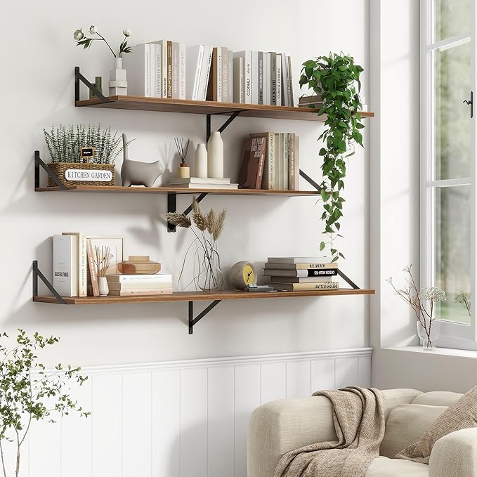 12 Inch Deep Floating Shelves,48W x 12D Floating Shelves, Deep Wall Shelves Bracket Set of 2, Large Display Floating Shelf for Bathroom, Living Room, Wide Storage Wooden Wall Shelf, Walnut