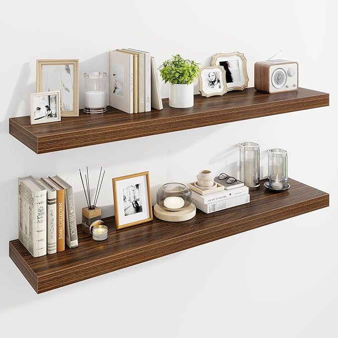 Marsmiles 48" Floating Shelves for Wall, Wooden Shelves with Invisible Brackets Set of 2, Rustic Farmhouse Wall Mounted Shelf for Kitchen Bathroom Living Room Study, Walnut