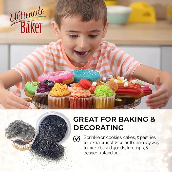 Ultimate Baker - Sanding Sugar, Black - Vibrant, Naturally Colored Baking & Decorating Sugar, Perfect for Sprinkling on Cakes, Desserts & Confections, Medium Crystal - 4oz