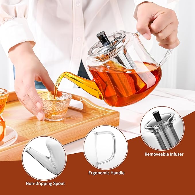 Glass teapot with infuser, Ehugos 1000ml(33oz) Stovetop Safe Hand Crafted Clear Glass Teapot with Removable Infuser for Loose Leaf Tea and Blooming Tea
