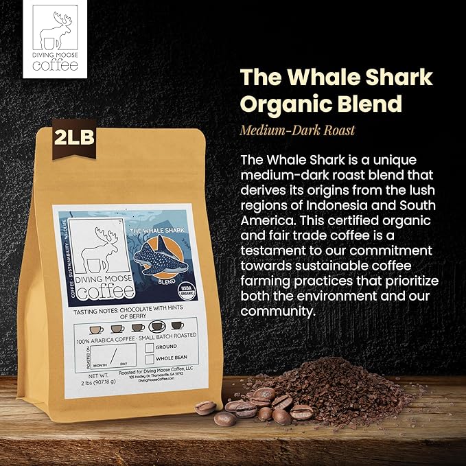 Diving Moose Coffee - The Whale Shark Blend USDA Organic Medium Dark Roast (32oz / 2 LB) - Chocolate Berries Specialty Grade Small-Batch Roasted to Order Smooth Not Bitter