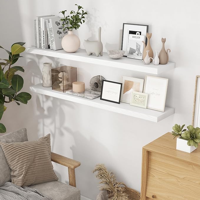 Fun Memories 55 Inch Floating Shelves for Wall, 55x9.3 Large Floating Shelf for Bedroom, Kitchen, Bathroom, Wall Mounted Rustic Wood Shelves with Invisible Bracket for Books, Decor, White