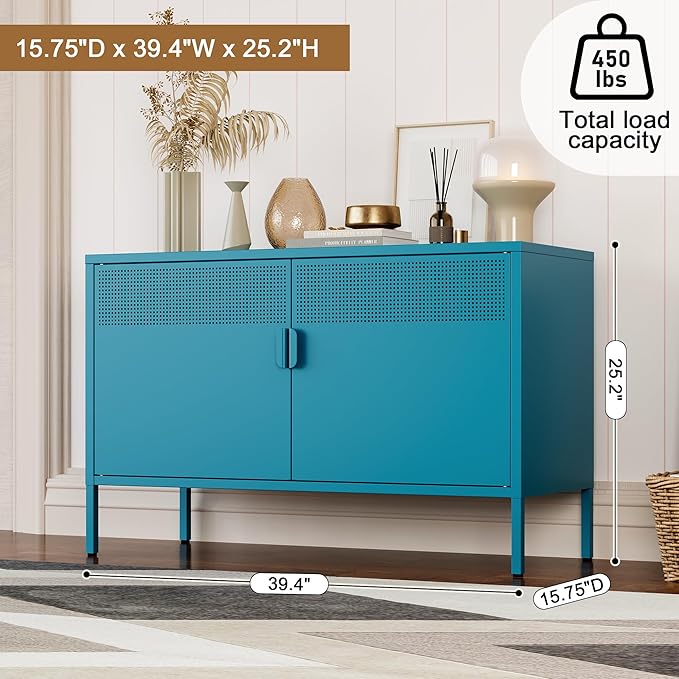 Metal Storage Cabinet with Doors,Blue Accent Cabinet,Metal Locker Storage Cabinets,2 Door TV Media Stand with Removable Shelves for,Home,Office,Entryway,Living Room