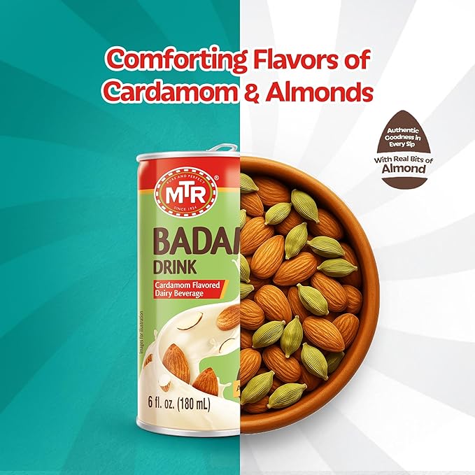 MTR Badam Drink - Cardamom Flavored, Ready-to-Drink - Authentic Indian Almond Milk Beverage, Real Bits of Almond, No Added Preservatives, Gluten-Free, Refreshing Drink, Perfect for Anytime Refreshment, Pack of 6