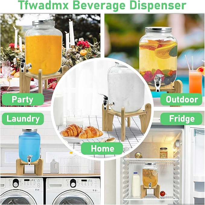 Tfwadmx 1 Gallon Drink Dispenser for Parties, Beverage Dispenser With Wood Stand Lemonade Dispenser Iced Tea Pitcher Party Beverage Dispenser for Lemonade, Juice, Punch, Water, Outdoor, Daily Use