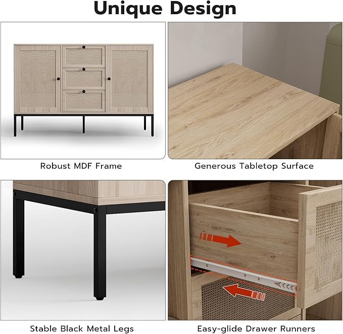 Rattan Sideboard Buffet Cabinet with 2 Doors & 3 Drawers, Mid Century Modern Credenza with Adjustable Shelves, Boho Storage Cabinet for Living Room, Hallway & Kitchen (Wood, 47 inch)
