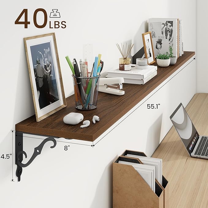 RICHFOCUS Floating Shelves for Wall Decor, 55.1W x 8D Shelves Set of 2, 8 Inch Deep Rustic Wood Shelves Wall Mounted with Brackets, Long Floating Shelves for Living Room Bedroom Kitchen, Walnut