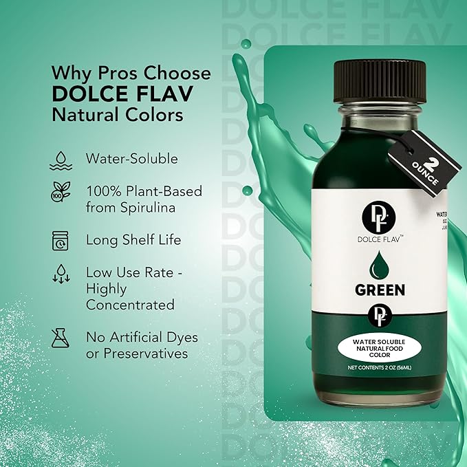 Dolce Flav Natural Green Food Coloring – 2 oz Vibrant Plant-Based Color from Green Apple | Water-Soluble Liquid Dye for Baking, Drinks & Frostings | Graduated Dropper Included | No Artificial Dyes | Kosher | Made in USA