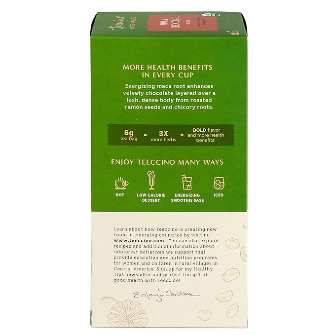 Teeccino Maca Chocolaté Herbal Tea - Rich & Roasted Herbal Tea That’s Caffeine Free & Prebiotic with Natural Energy from Adaptogenic Peruvian Maca, 25 Tea Bags