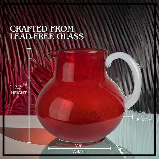 Artland Iris 90 Oz Handblown Glass Pitcher - Bubble Shape, Lead-Free - Versatile Drink Dispenser for Water, Juice, Cocktails - Enhanced Kitchen Decor, Dishwasher Safe (Ruby)
